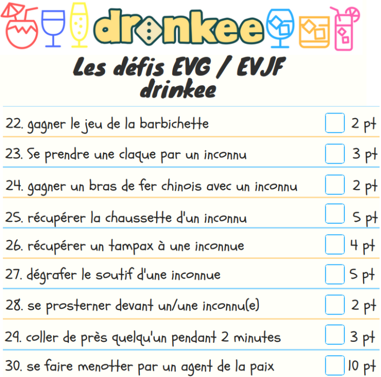 Défis Jeu Drinkee pour EVG EVJF Drinkee jeux alcool